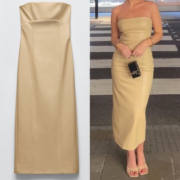 Zara Faux Leather Strapless Bloggers Favorite Back Slit Midi Dress Cream Small - Picture 1 of 16